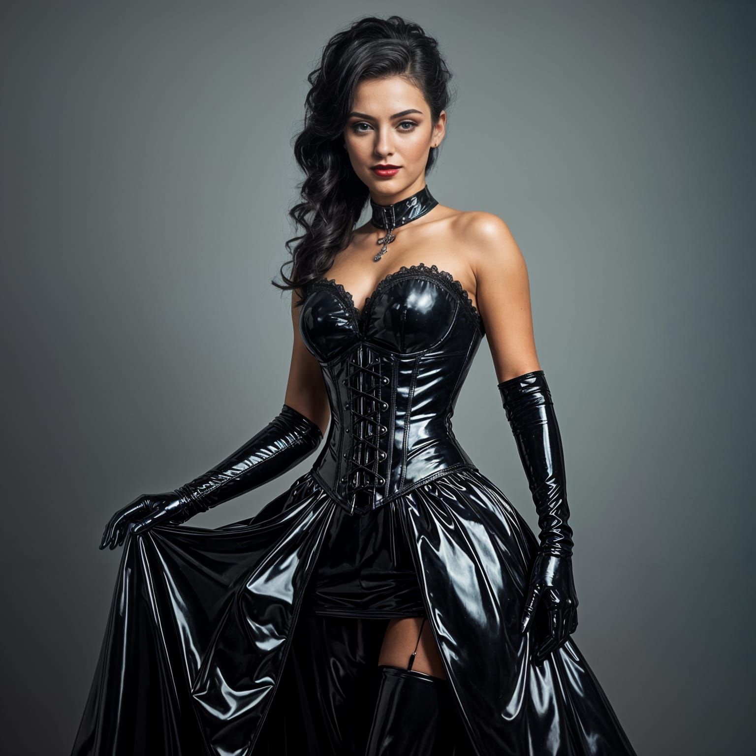 Beautiful Woman in Shiny Victorian Latex Dress