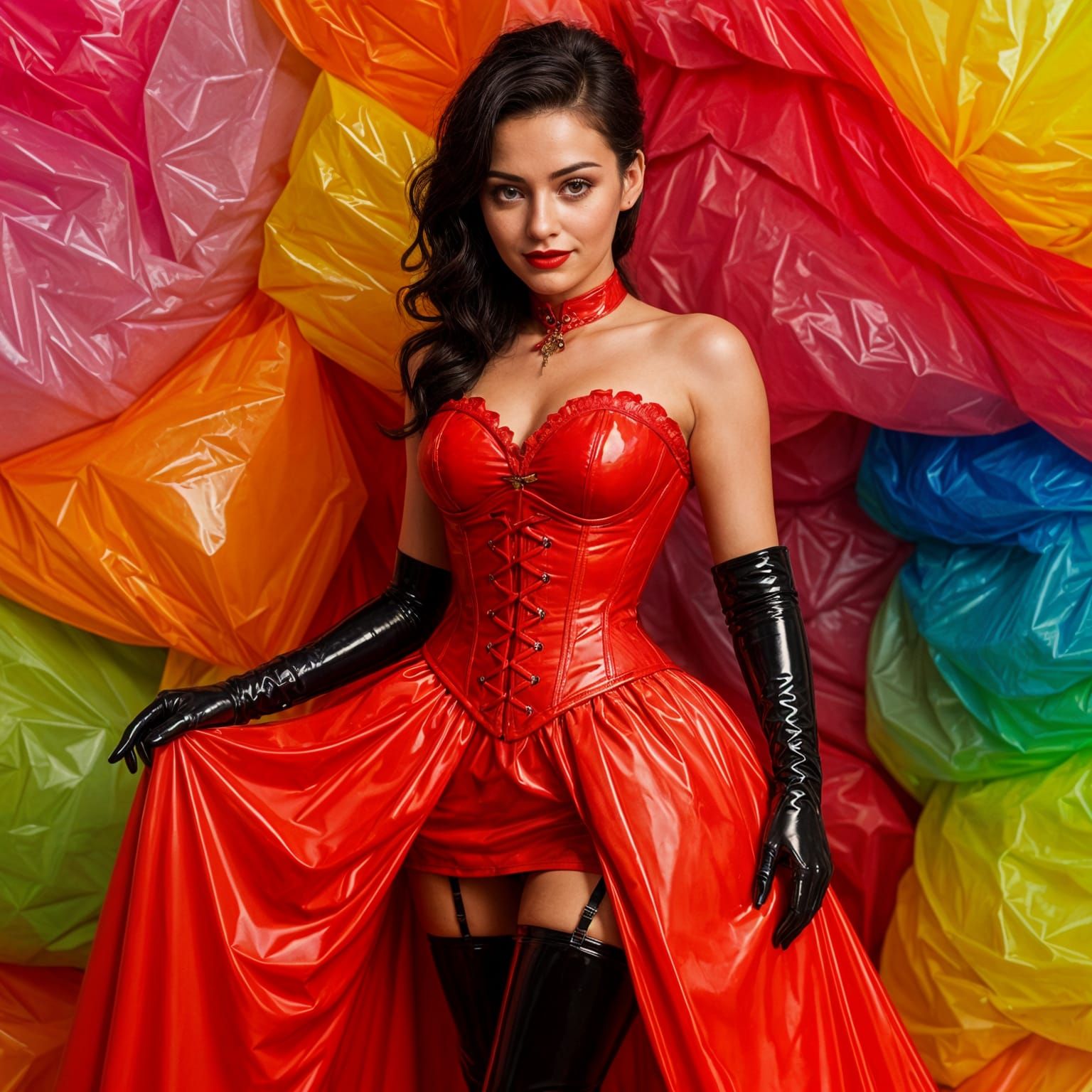 Woman in Shiny Latex Victorian Dress