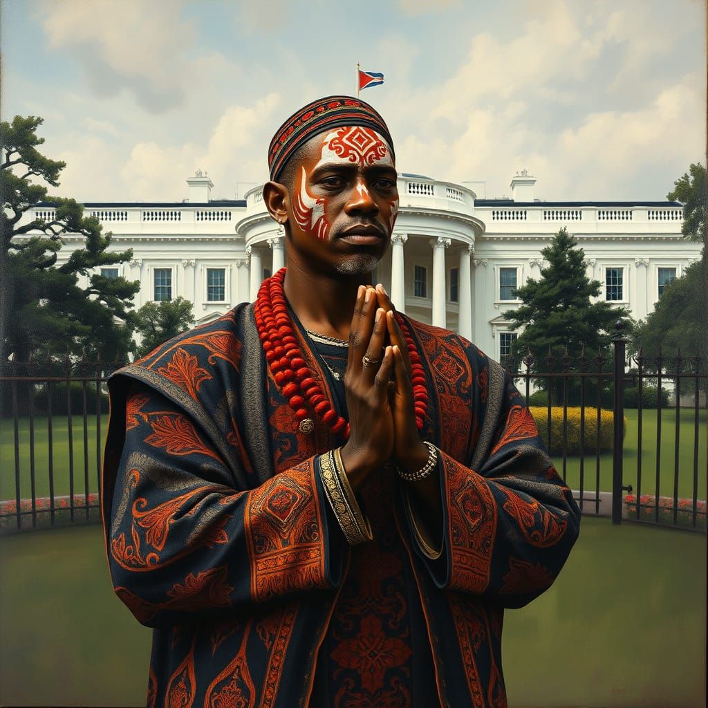 South African Man at White House: Oil Painting