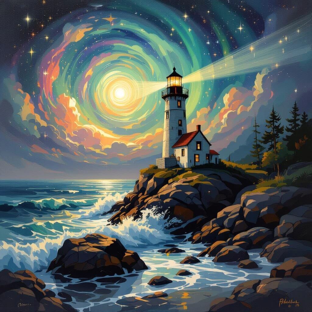 Futuristic Lighthouse in Starry Sky Oil Painting