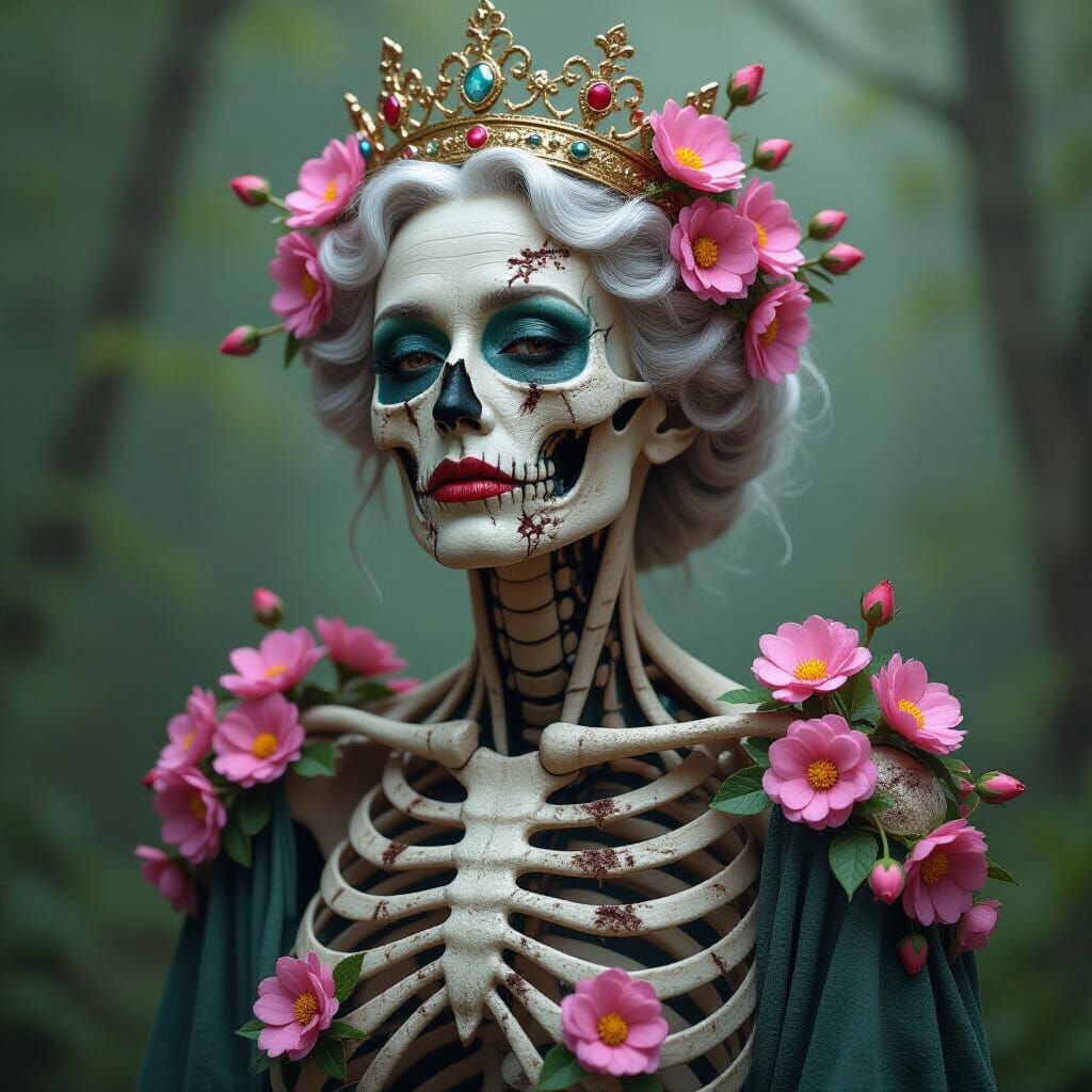 Decayed Queen with Blossoms: Ultra-Realistic Detail