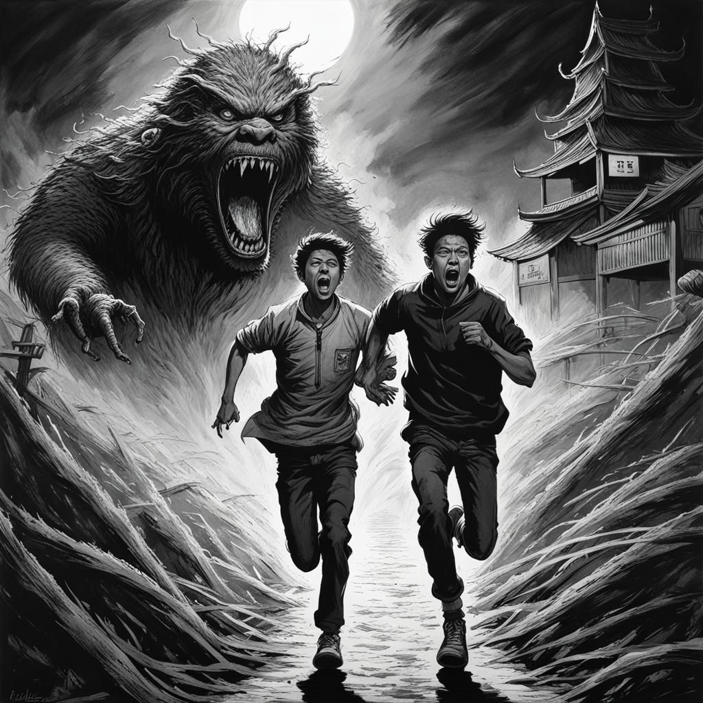 Terrified Teenagers Fleeing Ramen Monster: Ink Portrait