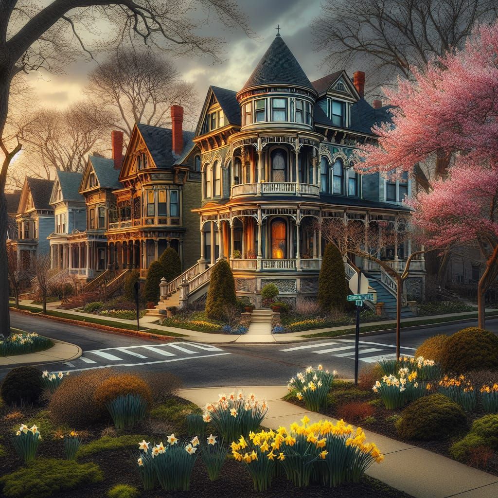 Ohio Town: Victorian Houses in Early Spring