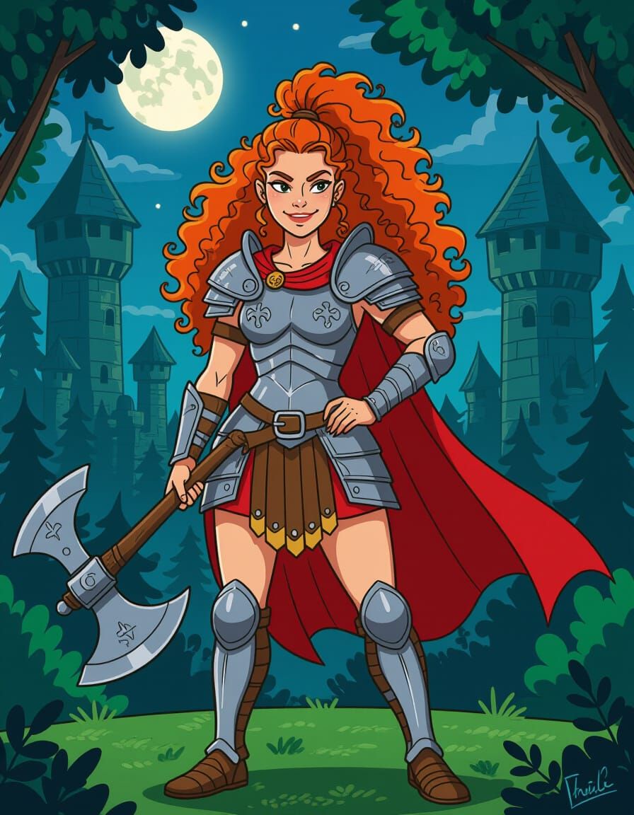 Red-Haired Barbarian Woman with Great Axe in Cartoon Style