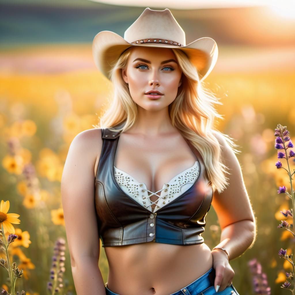 Sensual Curvy Blonde Cowgirl under Warm Golden Light