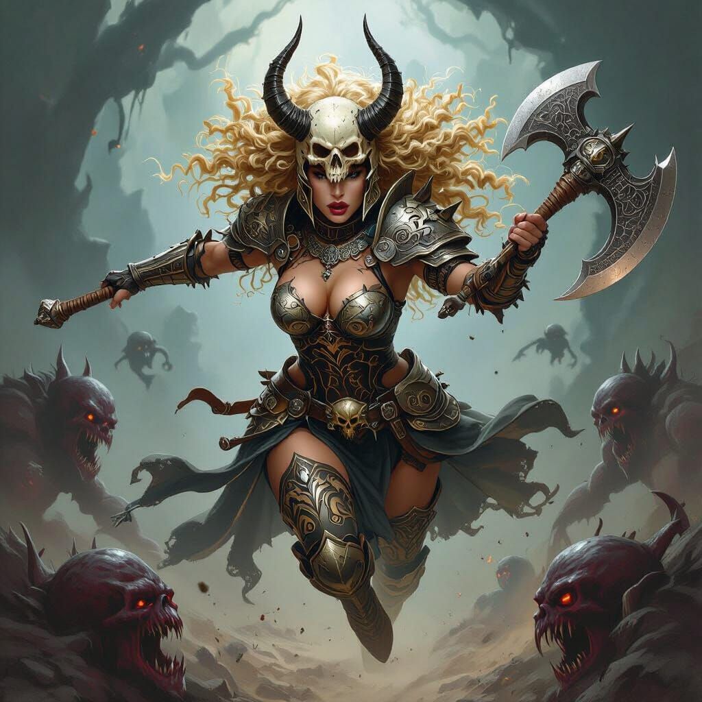 Fierce Armored Warrior Woman in Dark Fantasy Style