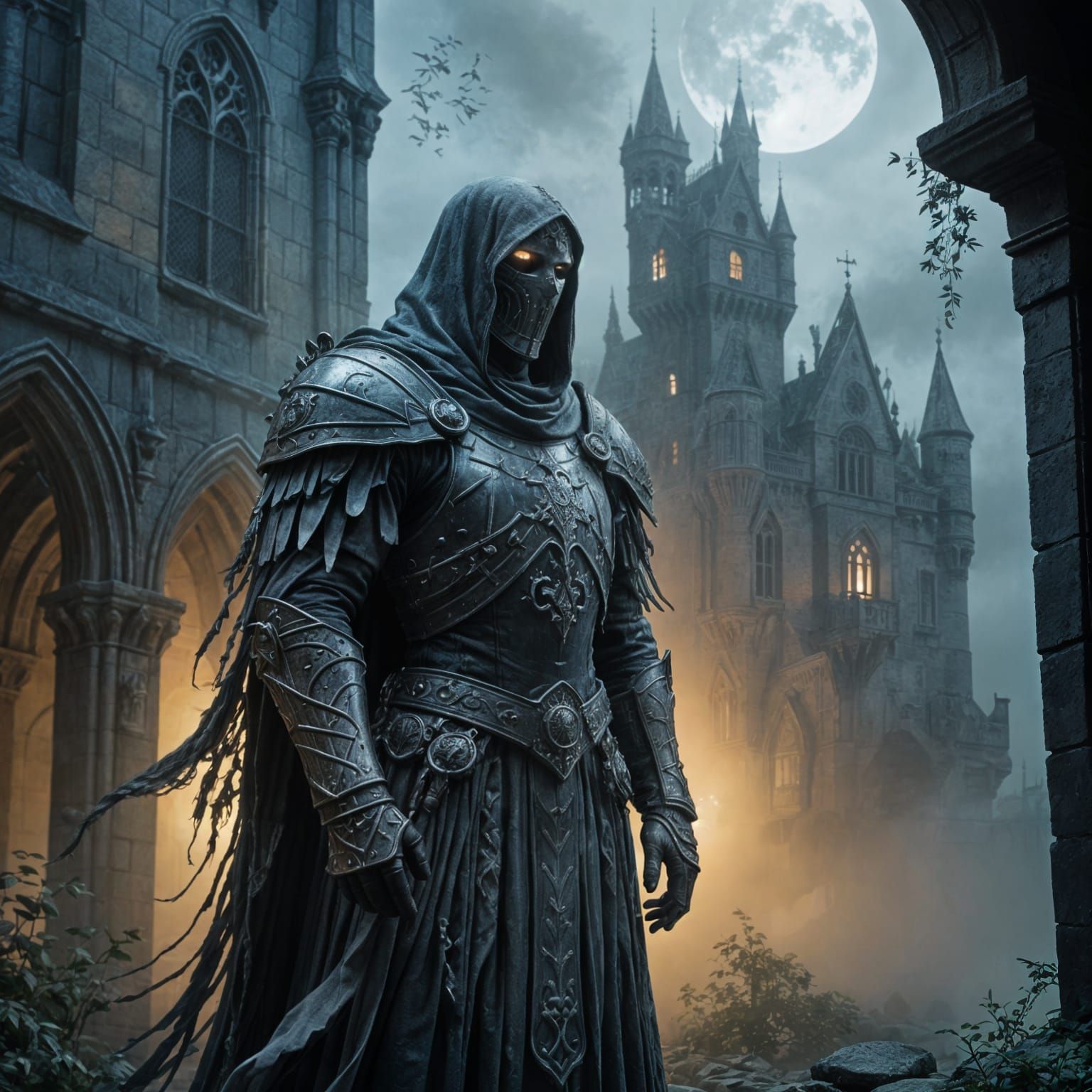 Ghost Knight Patrols Foggy Castle Courtyard