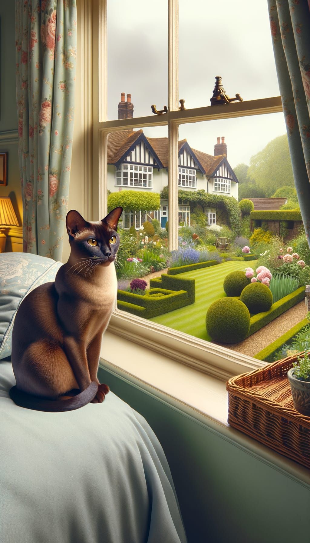 Golden-Eyed Burmese Cat in a Charming English Bedroom