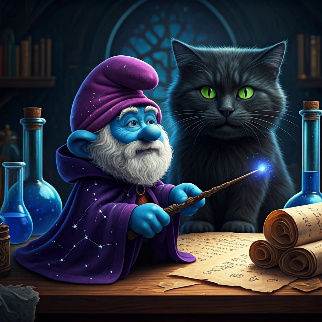 Papa Smurf's Magical Mishap: A Whimsical Fantasy Scene