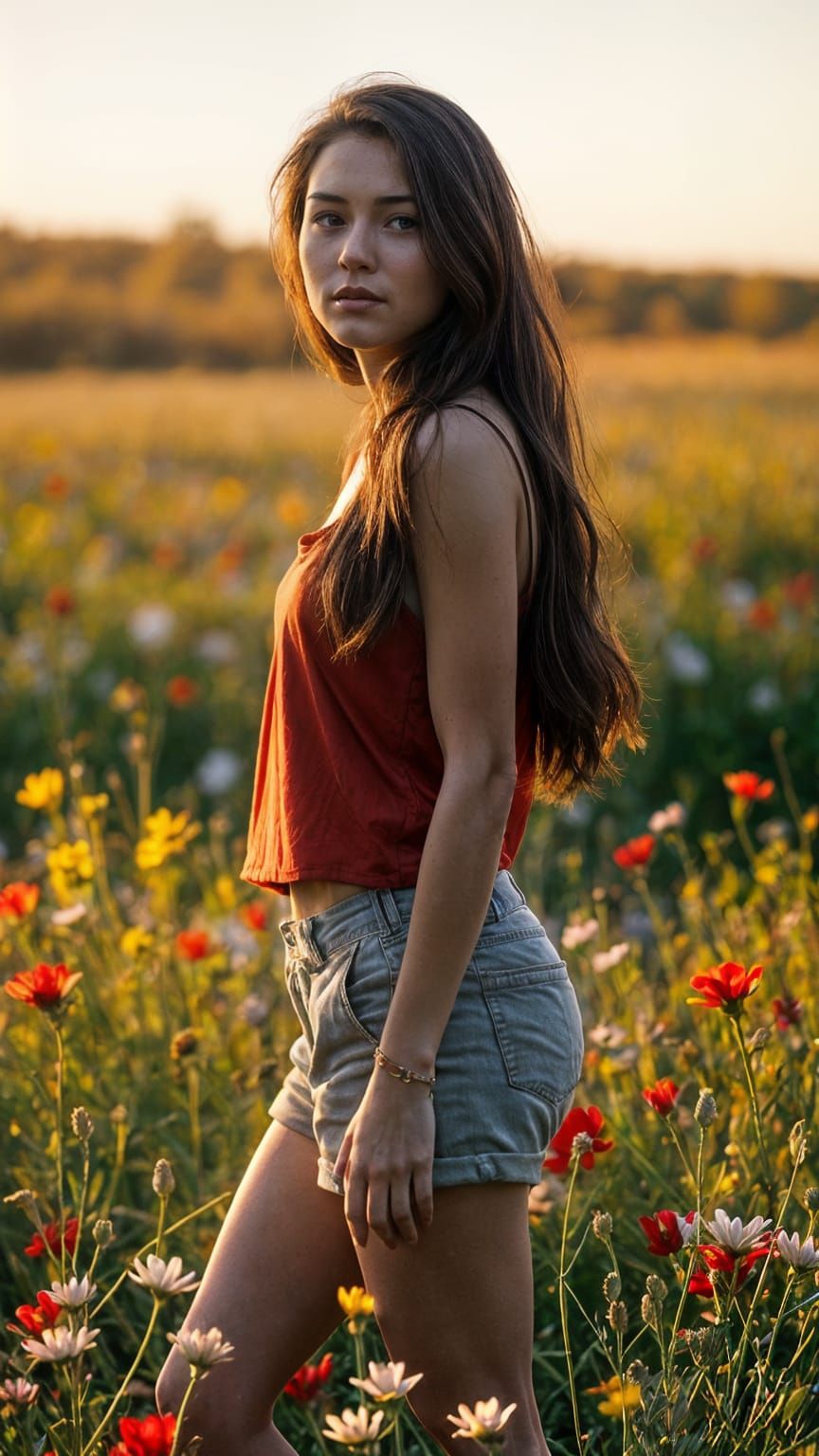 Woman in a morning wildflower field.