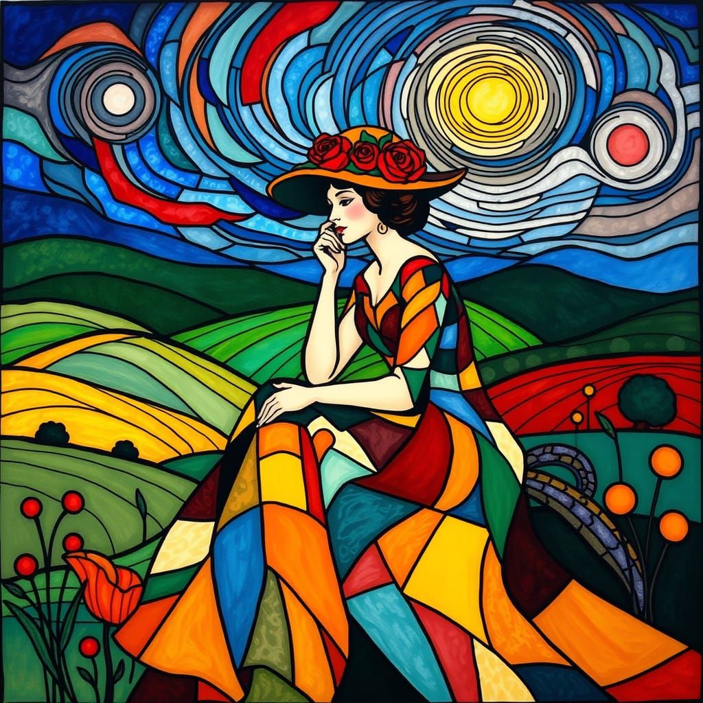 Woman in Art Nouveau-Inspired Dress Amidst Vibrant Pastoral...