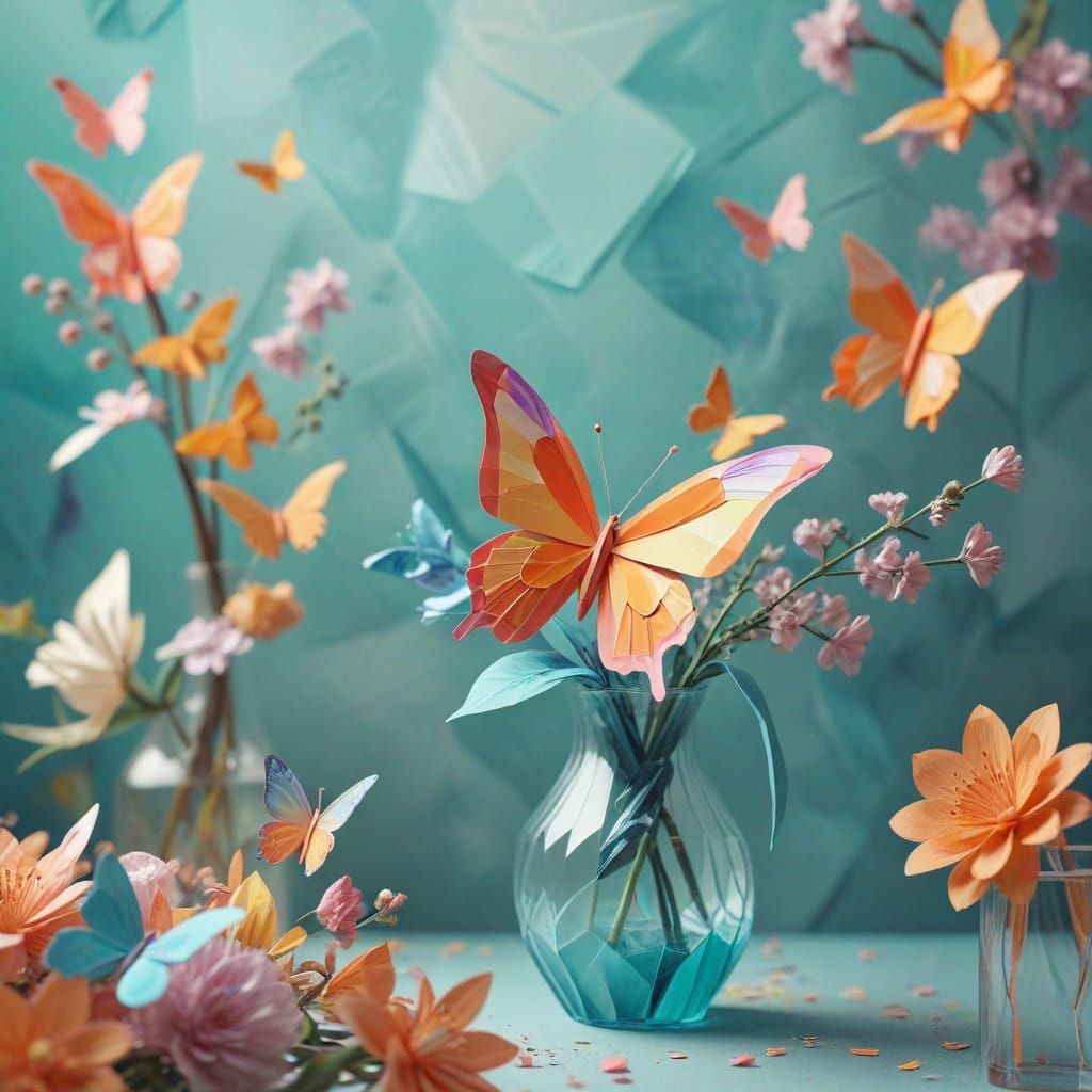 Abstract Butterfly Among Flowers in Papercraft Style