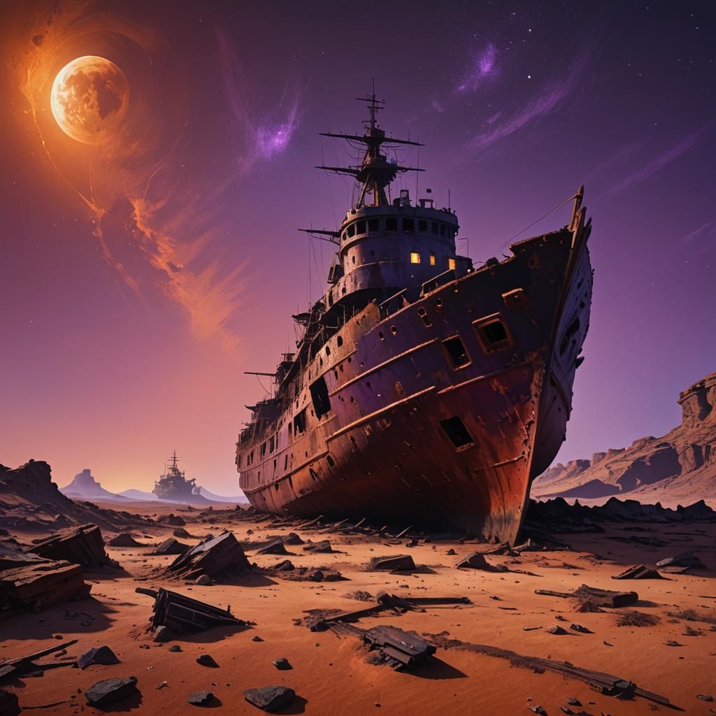Warship Wreck Abandoned in Desert Under Crimson Moon