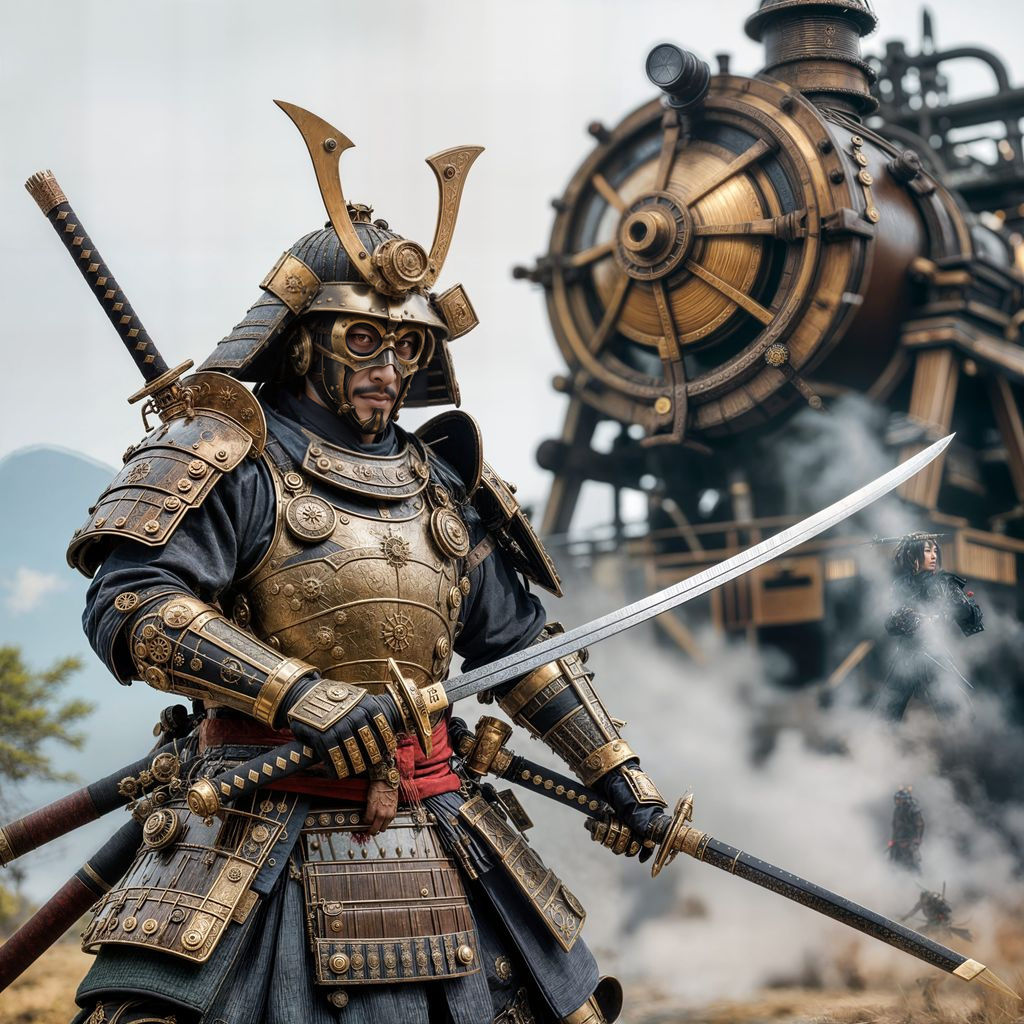 Steampunk Samurai Sword Clash in Feudal Japan