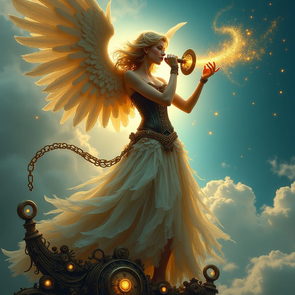 Steampunk Angel Blowing Horn in Fantasy Landscape