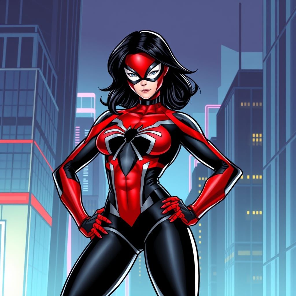 Heroic Spider-Woman Poses Against Cityscape in Comic Book Ar...
