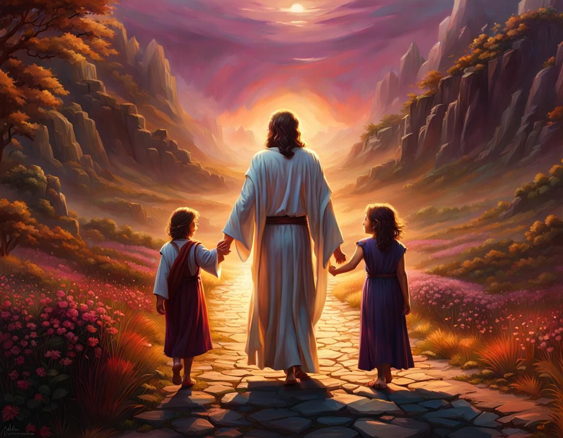 Jesus Leads Children on Lonely Path: Fantasy Art