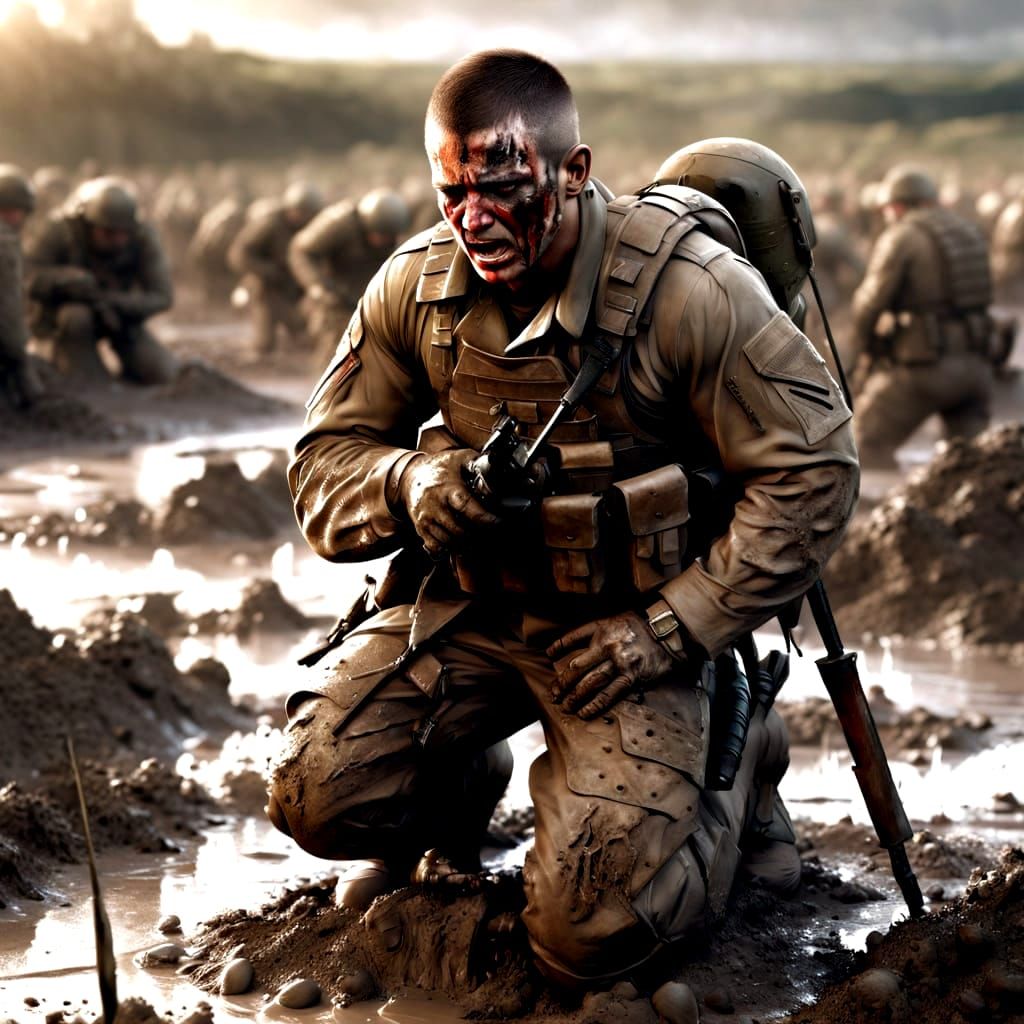 Epic Soldier's Grief in War-Torn Landscape