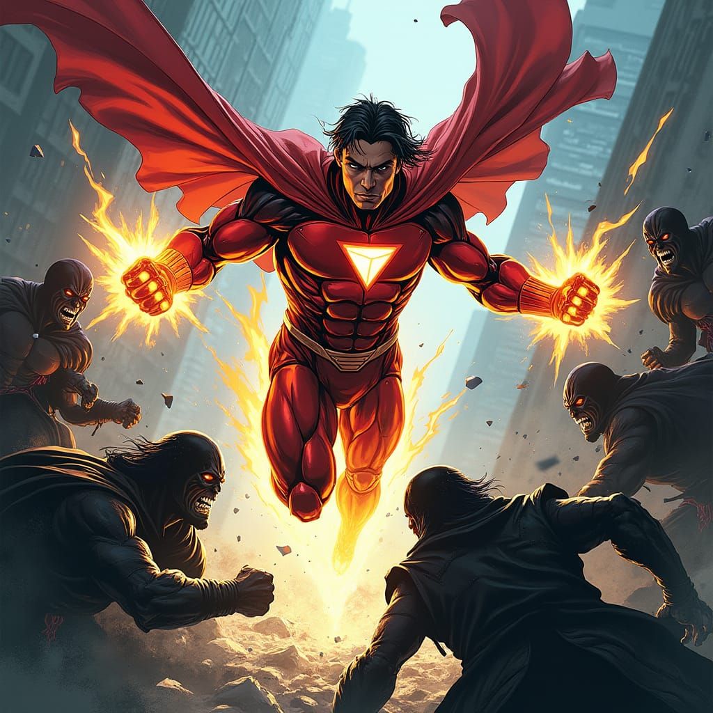 Superhero Soaring Through City Confronting Villains