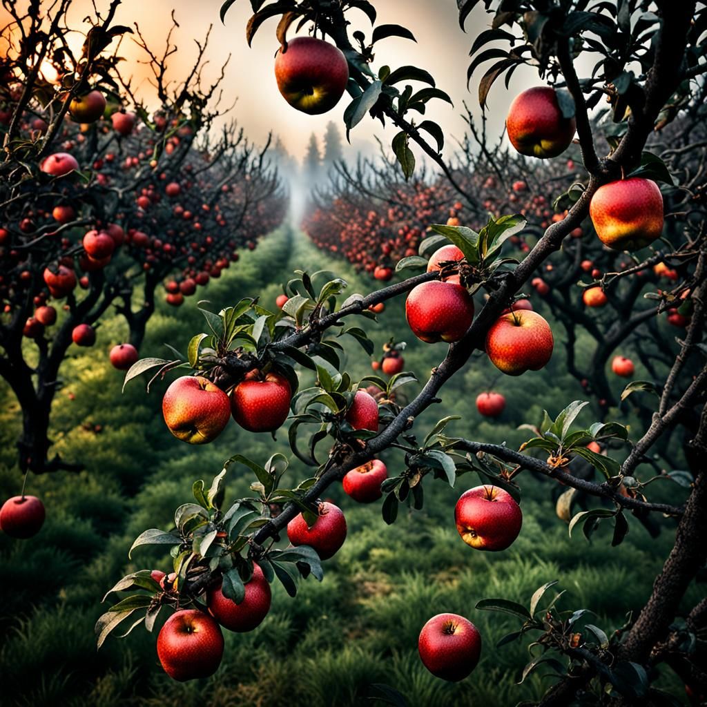 Hyperrealistic Fire Apples in Autumn Orchard