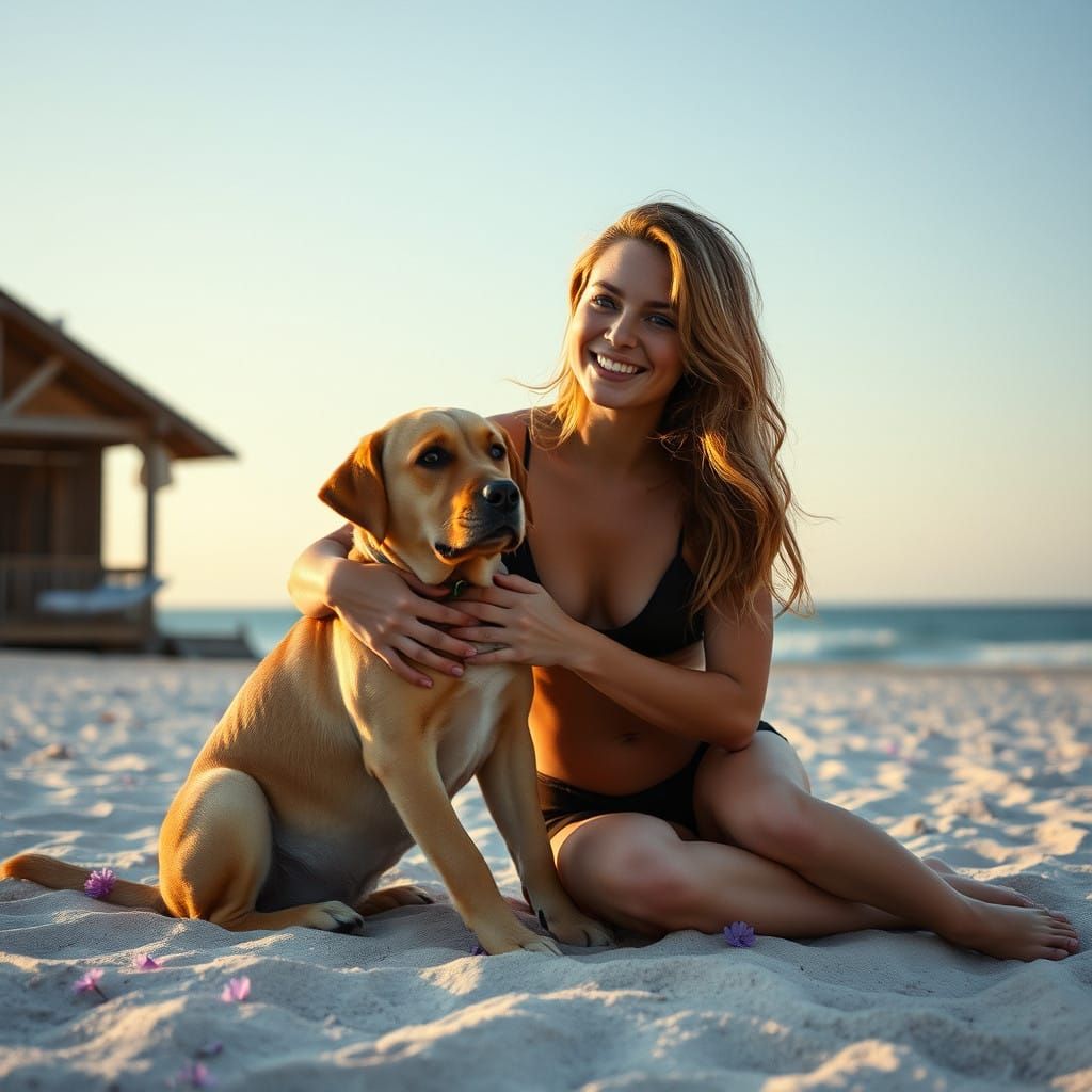 Serene French Beach Sunset with a Young Woman and a Labrador