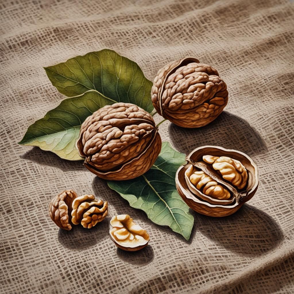 Walnuts and Leaves Still Life in Gouache Watercolor