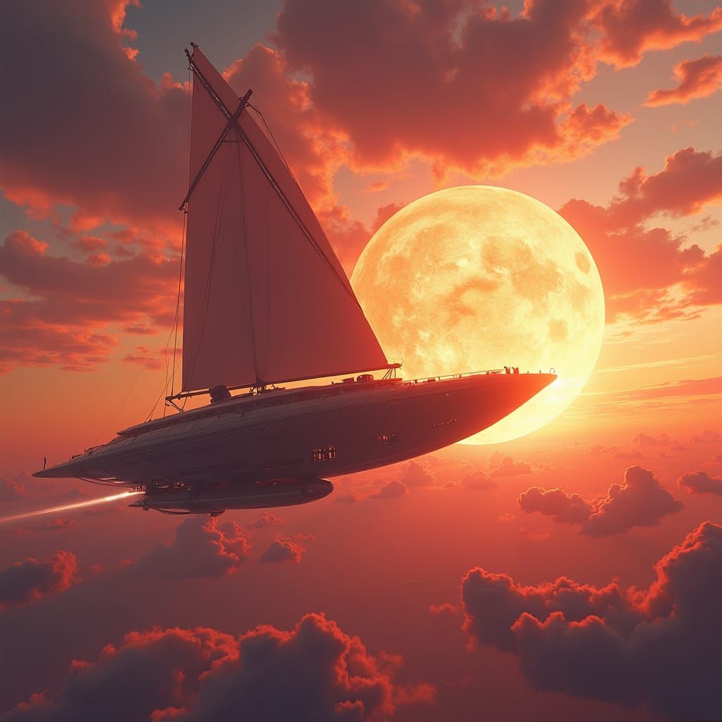 Futuristic Space Cruise Ship with Solar Sail at Sunset