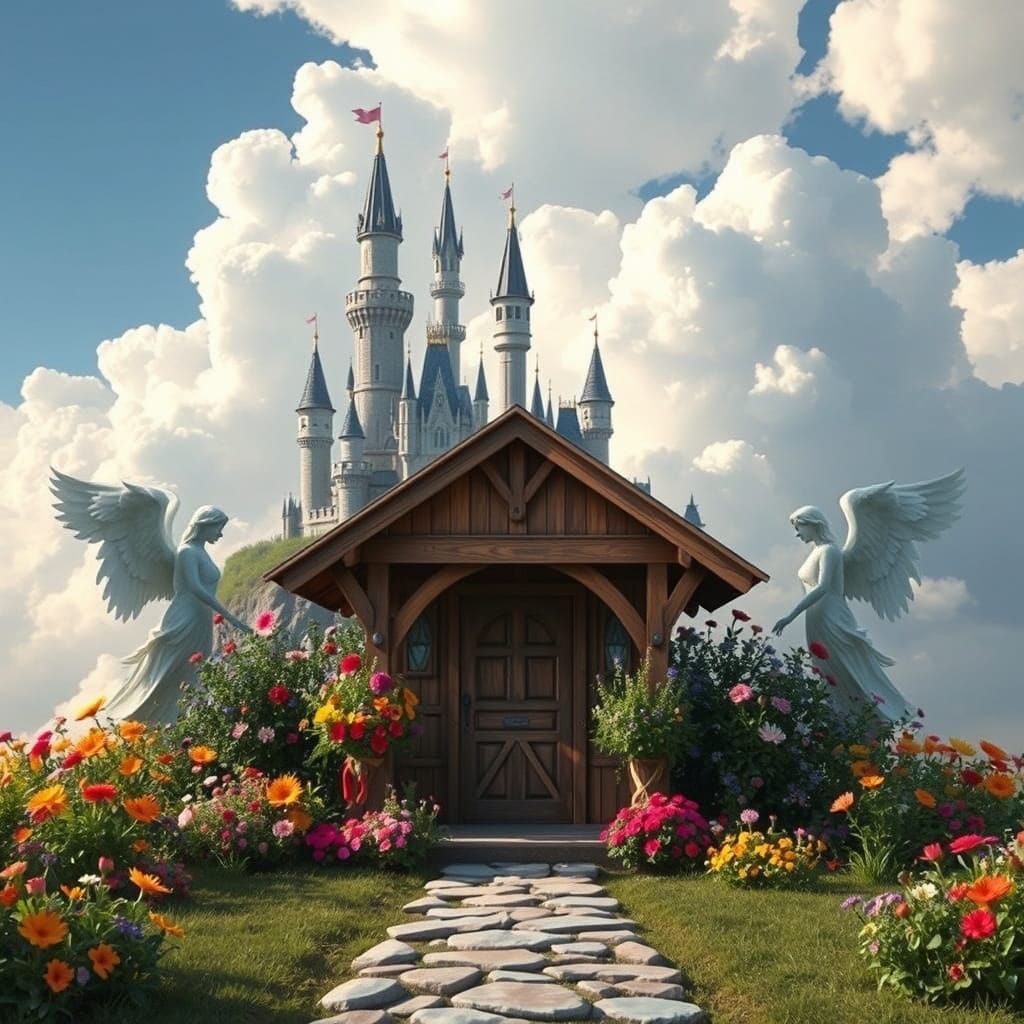 Ethereal Castle in the Skies with Colorful Blooms and Angeli...
