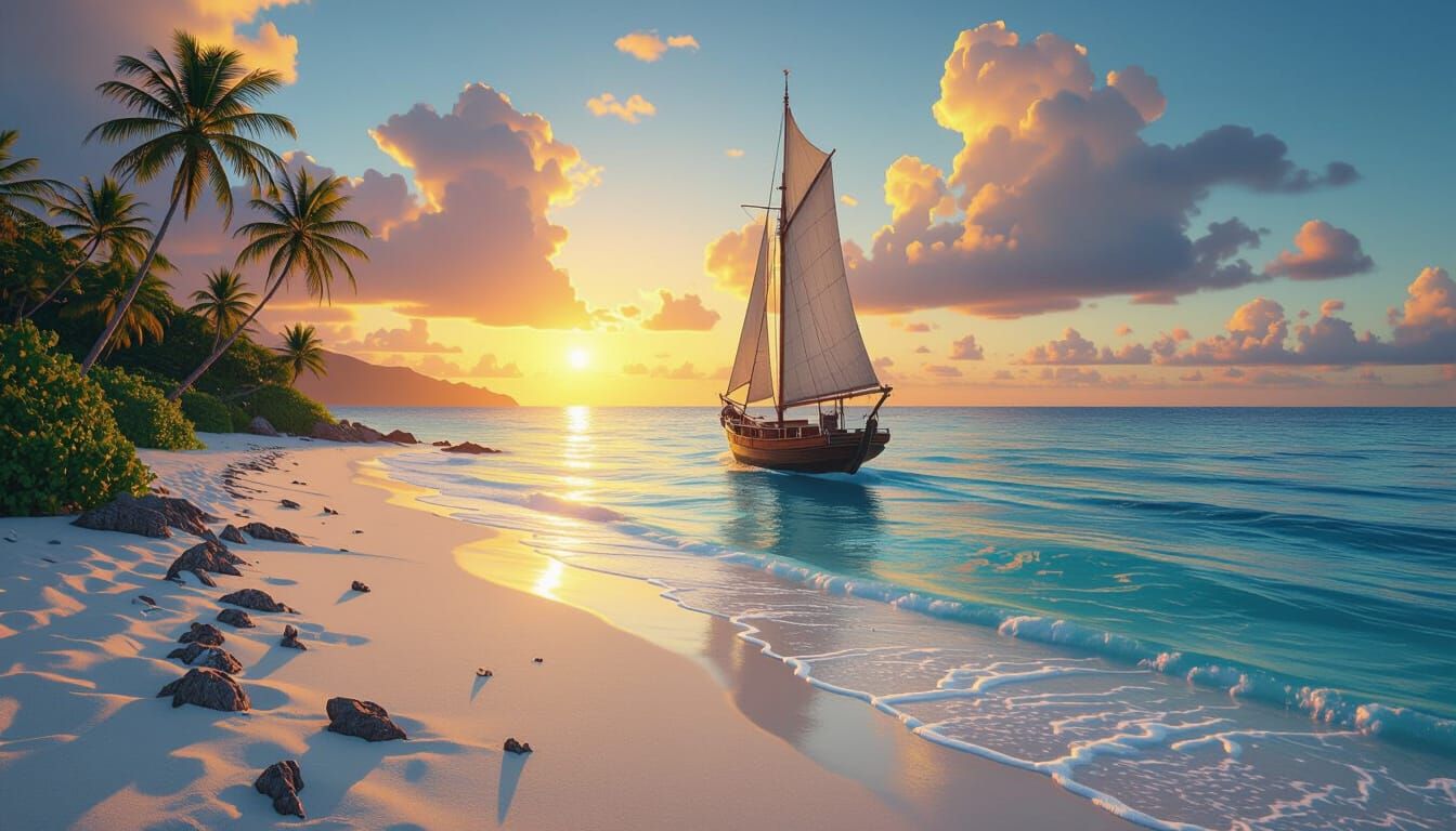 Tropical Island Sailing Ship at Golden Hour