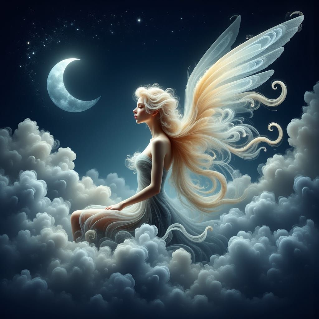Moonlit Winged Elf in Dreamy, Whimsical Landscape