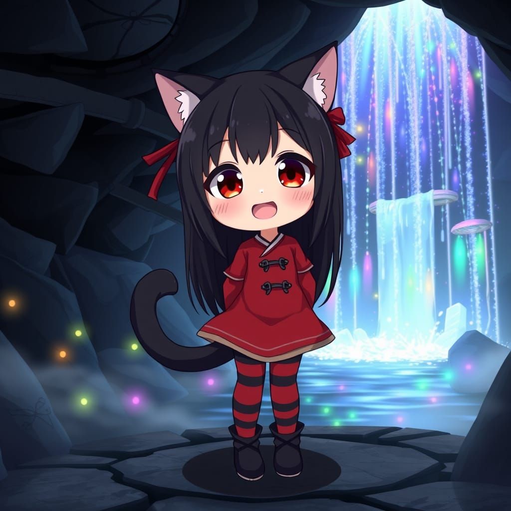 Mystical Catgirl Amidst Shimmering Waterfall