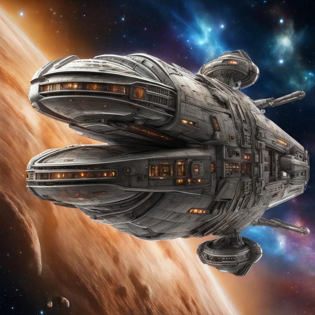 Intergalactic Explorer Spaceship Against Galactic Background