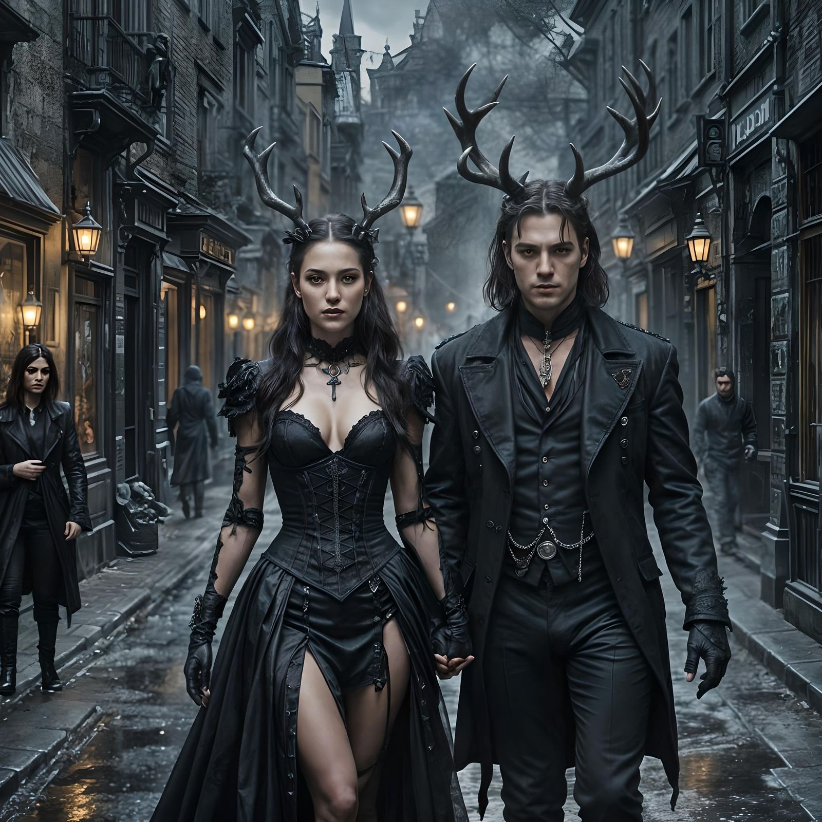 Gothic Couple with Antlers as Oil Painting