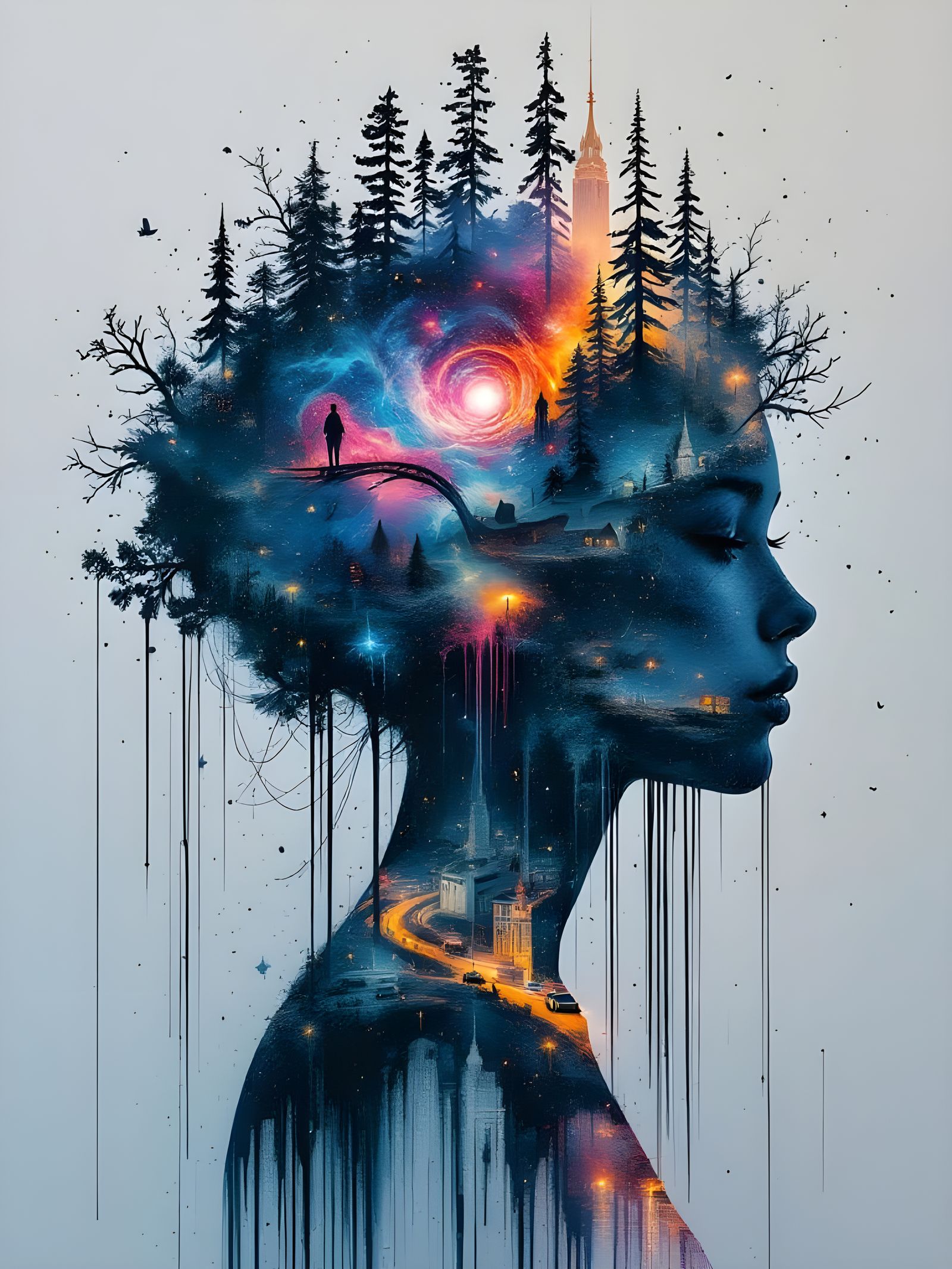 Galaxy Silhouette: Double Exposure Cityscape Art