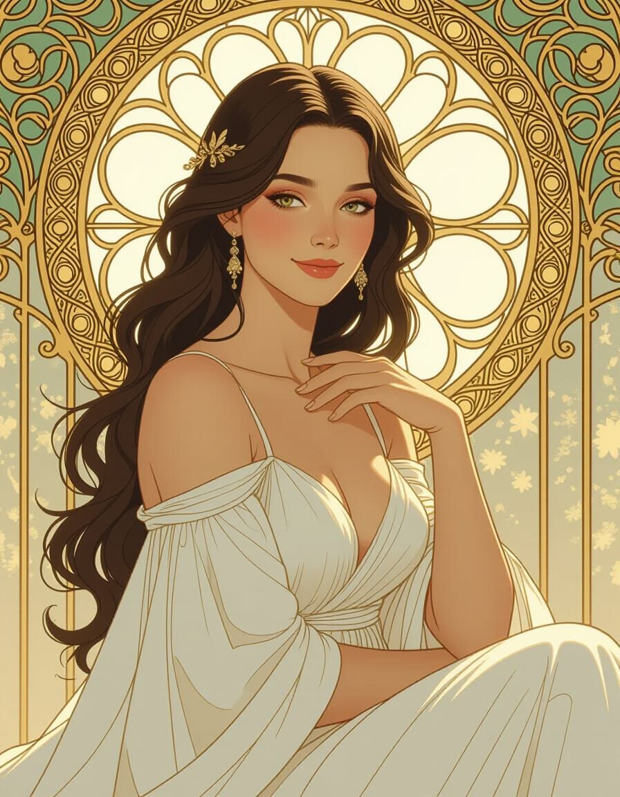 Serene Woman in Flowing Gown, Golden Light