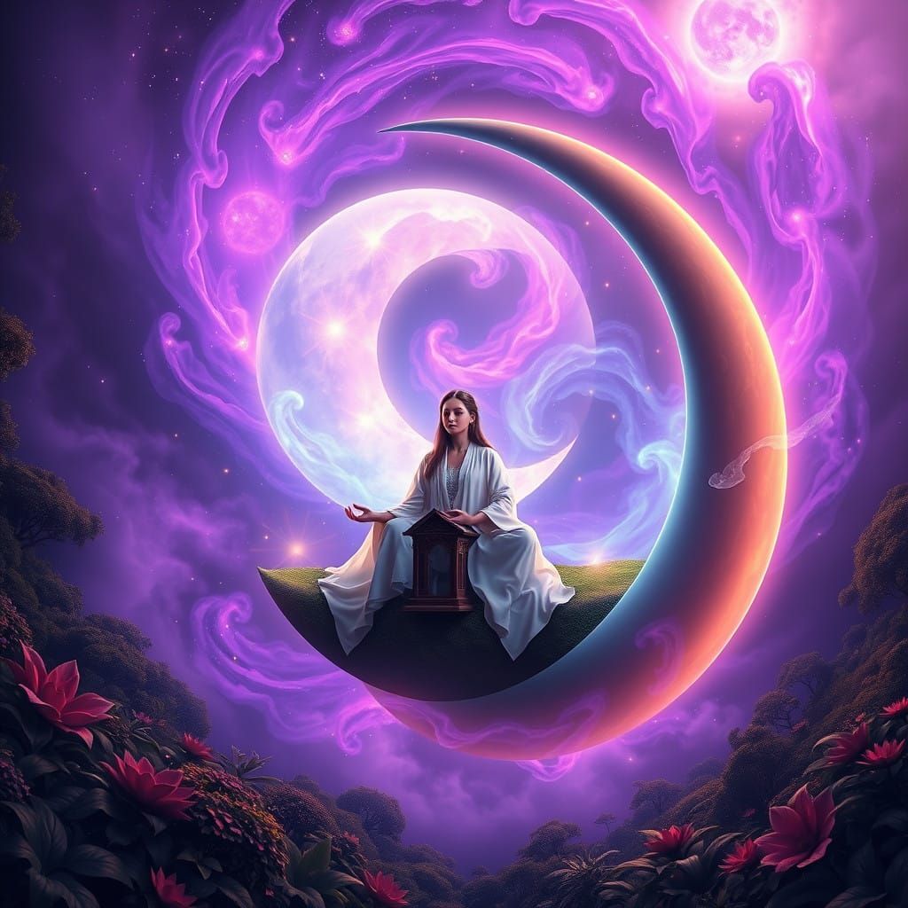 Serene Lady in Glowing Wooden House Amidst Swirling Nebula