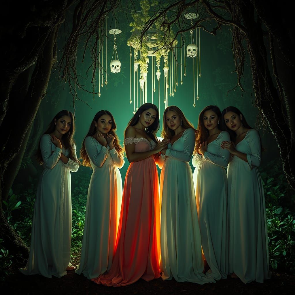 Women Embraced in Dark Forest, with Mysterious Atmosphere an...