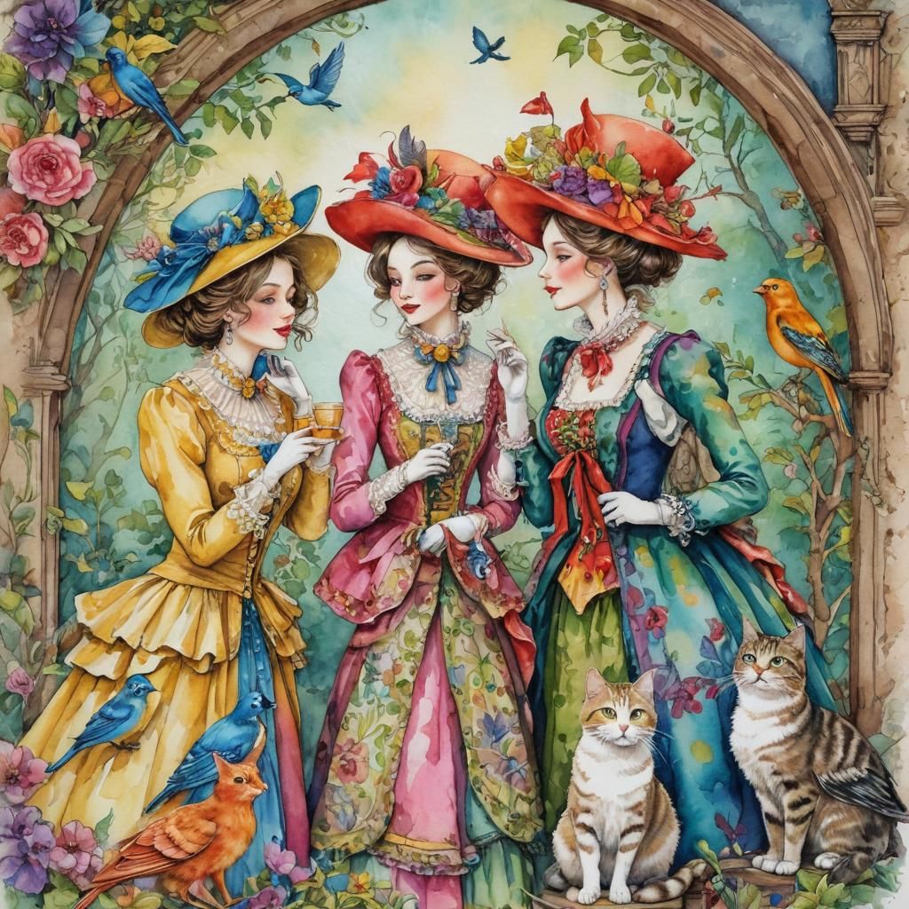Humorous Watercolor of Gossiping Ladies with Animal Audience