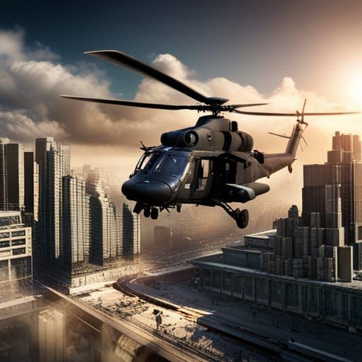 Blackhawk Helicopter Over War Zone in 3D Realism