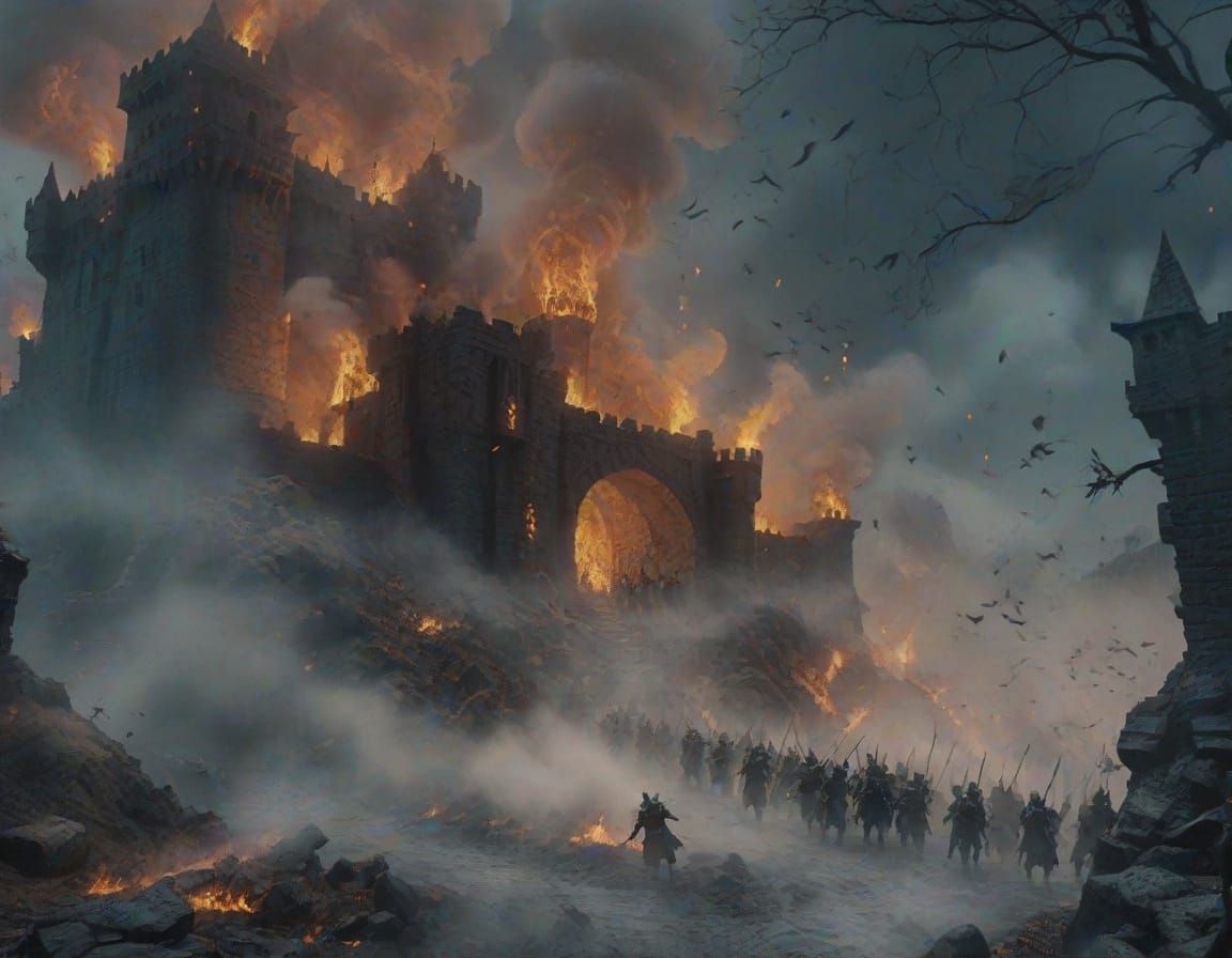 Fantasy Army Advances on Burning Castle