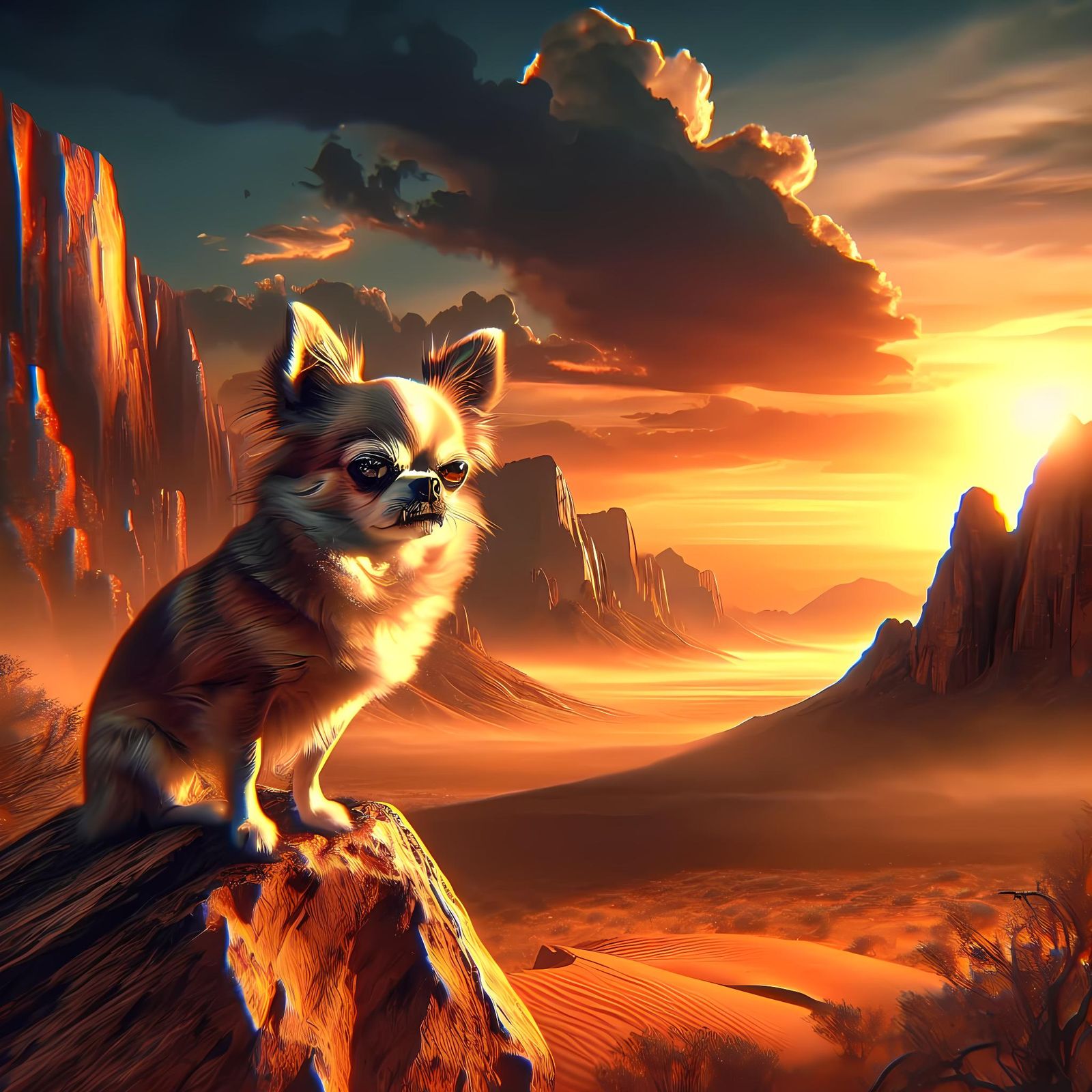 Grumpy Chihuahua at Desert Sunset in Hyperrealism