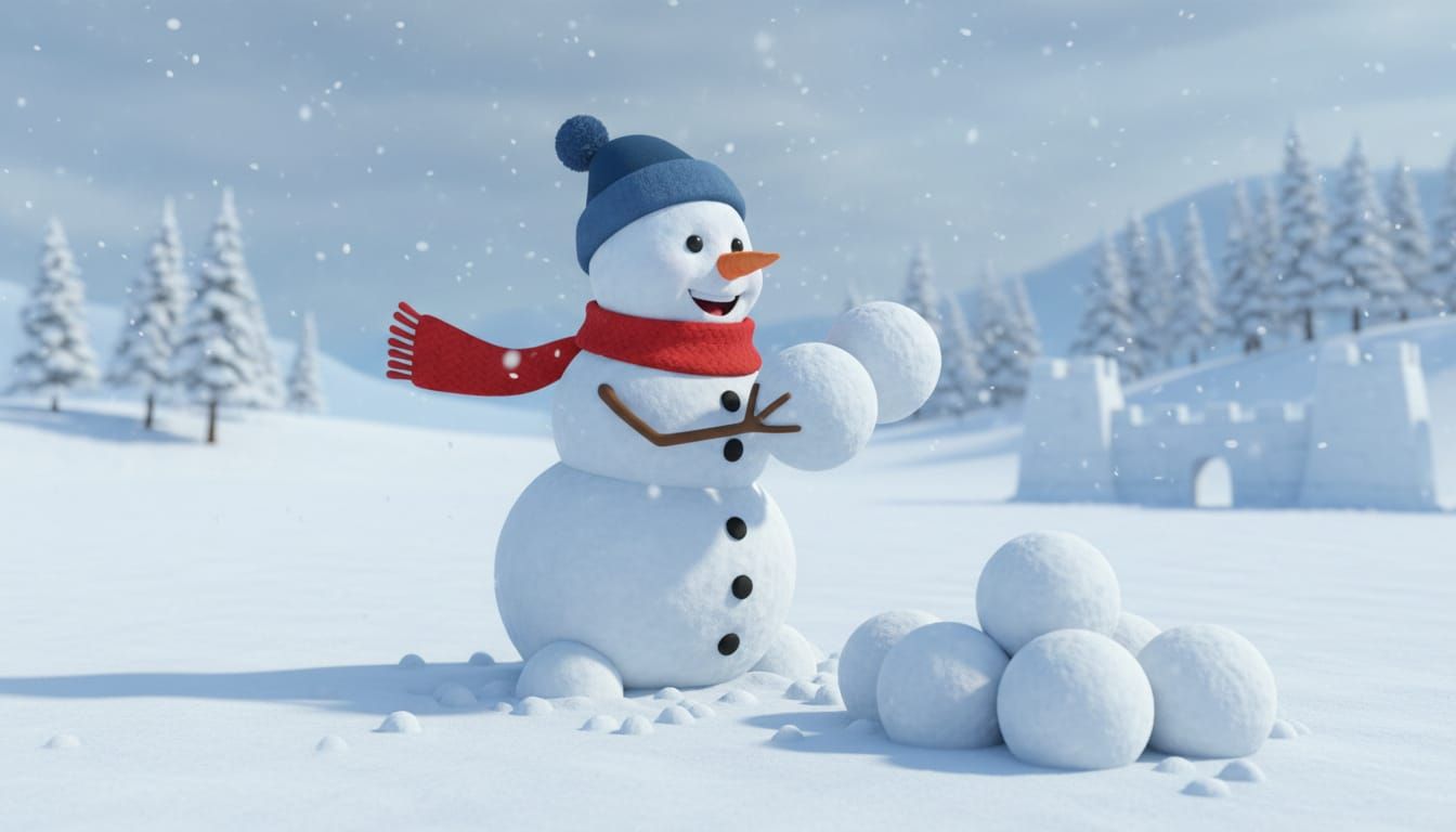 Animated Snowman Prepares for Snowball Fight in Winter Lands...