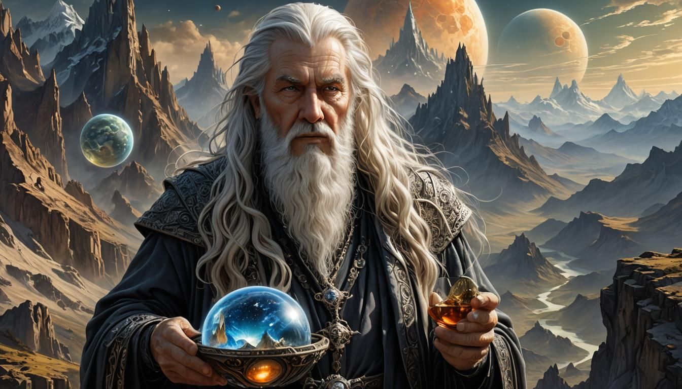 Wizard on Mountain: Surreal Art Nouveau Painting