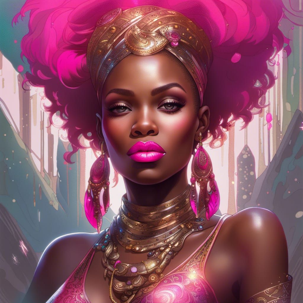 A beautiful african princess with hot pink lipstick and glittery eyeshadow