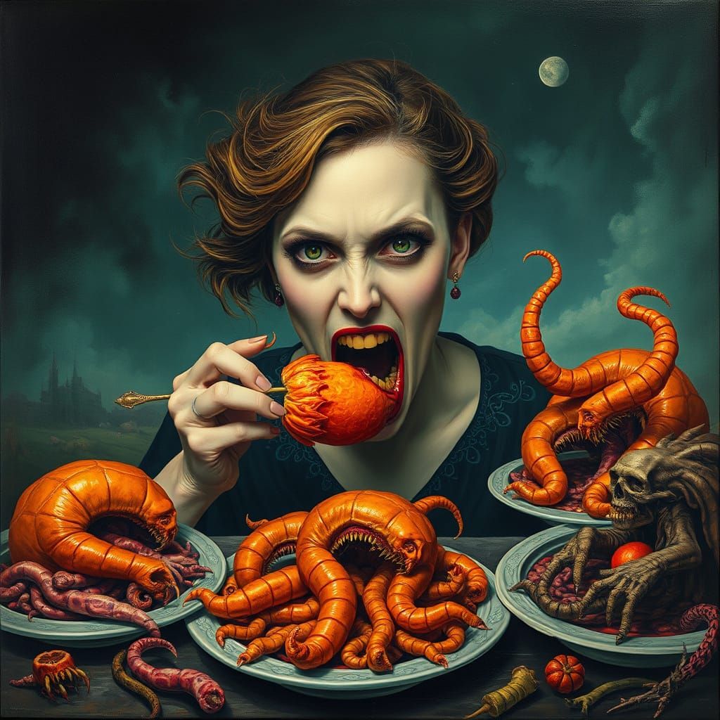 Surreal Woman Devours Fear Organs in a Twisted Gothic Landsc...