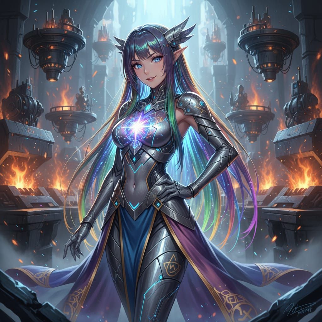 Anime Android Goddess with Glowing Circuits and Star Core