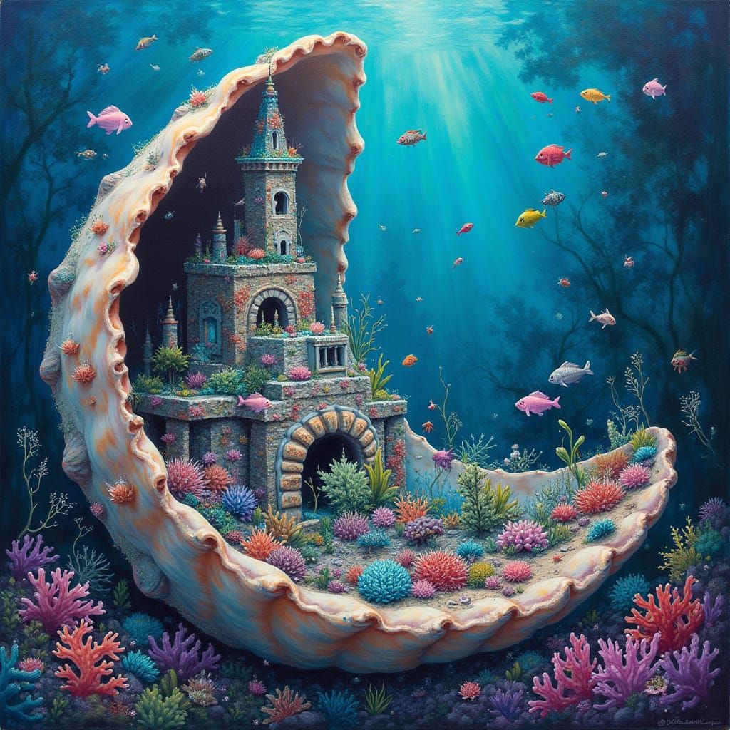 Vibrant Underwater Kingdom Inside Seashell, Graffiti Art