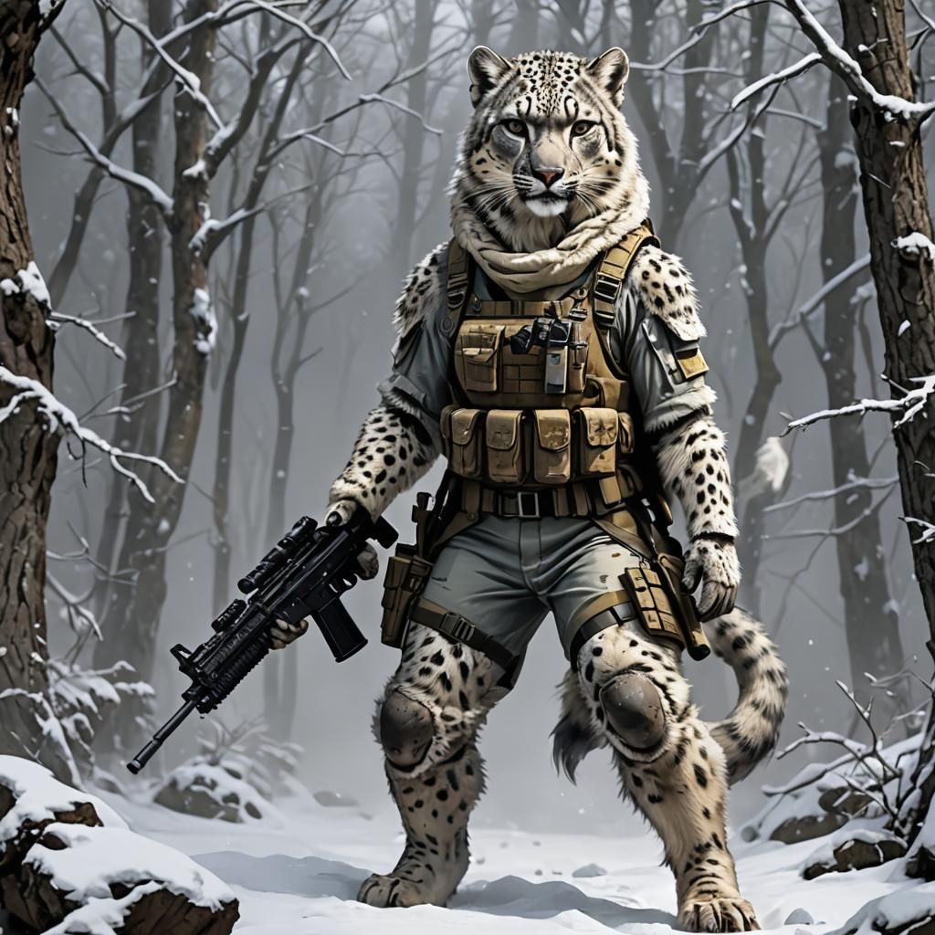 Female Werewolf: Snow Leopard Military, AR15