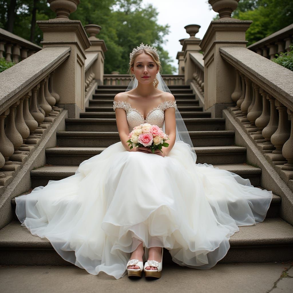 Bride in White Dress on Stairs with Roses, Whimsical Style