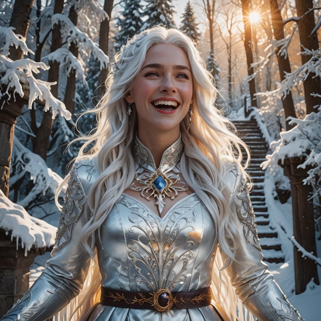 Ice Woman Laughing in Snowy Castle: Digital Art